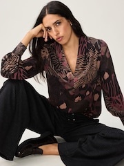 Purple Berry Mixed Animal Long Sleeve V-Neck Blouse - Image 1 of 8