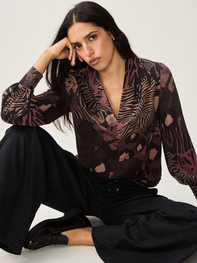 Purple Berry Mixed Animal Long Sleeve V-Neck Blouse - Image 1 of 8