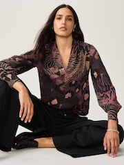 Purple Berry Mixed Animal Long Sleeve V-Neck Blouse - Image 2 of 8