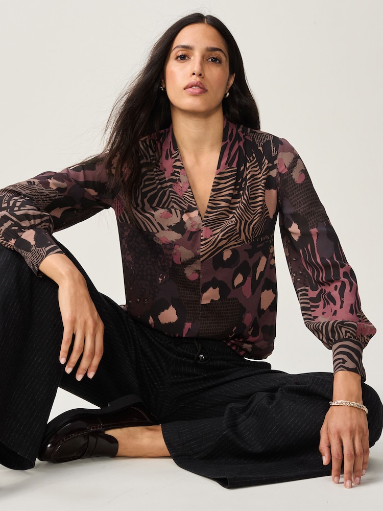 Purple Berry Mixed Animal Long Sleeve V-Neck Blouse - Image 2 of 8