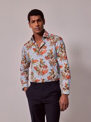 Hawes & Curtis Slim Blue Botanical Floral Mid Collar 100% Cotton Shirt - Image 1 of 4