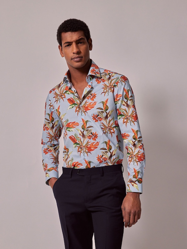 Hawes & Curtis Slim Blue Botanical Floral Mid Collar 100% Cotton Shirt - Image 1 of 4