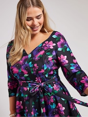 Yours Curve Multi Floral Long Sleeve Sweetheart Peplum Top - Image 1 of 5