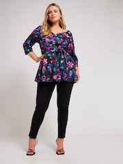 Yours Curve Multi Floral Long Sleeve Sweetheart Peplum Top - Image 2 of 5