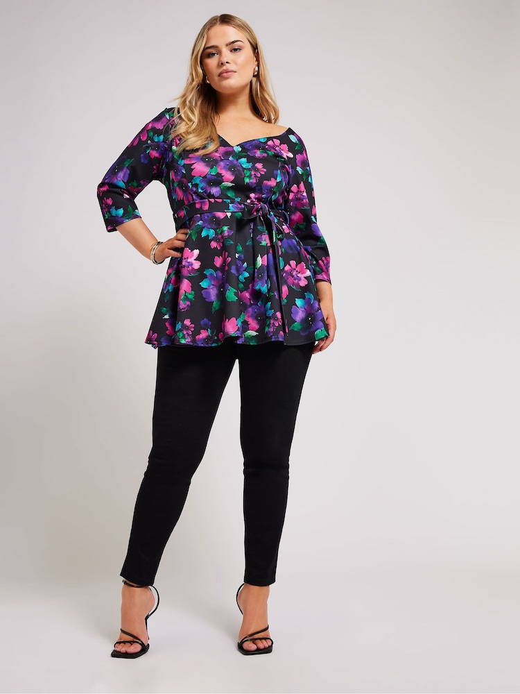 Yours Curve Multi Floral Long Sleeve Sweetheart Peplum Top - Image 2 of 5