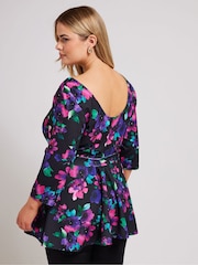 Yours Curve Multi Floral Long Sleeve Sweetheart Peplum Top - Image 3 of 5