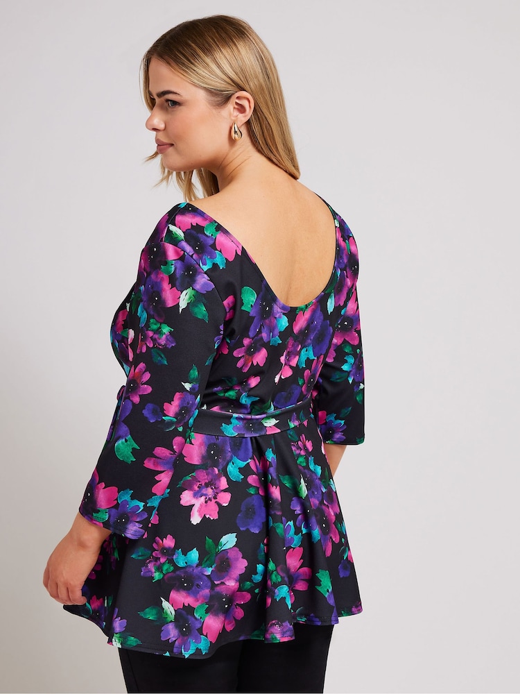 Yours Curve Multi Floral Long Sleeve Sweetheart Peplum Top - Image 3 of 5