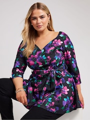 Yours Curve Multi Floral Long Sleeve Sweetheart Peplum Top - Image 4 of 5