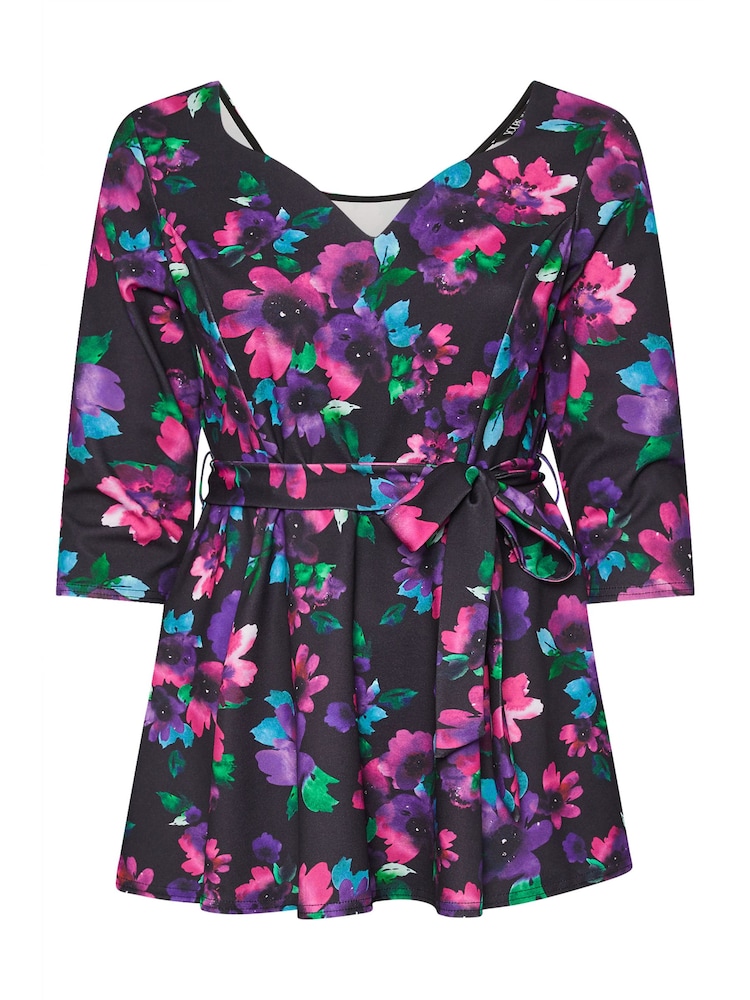 Yours Curve Multi Floral Long Sleeve Sweetheart Peplum Top - Image 5 of 5