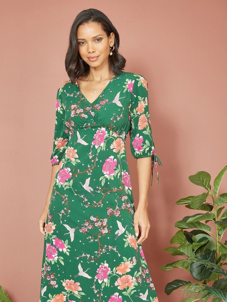Yumi Kimono-Midikleid mit Kranich-Print - Bild 1 von 4