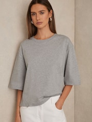 Reiss Grey Marl Cassie Oversized Cotton Crew Neck T-Shirt - Image 1 of 6
