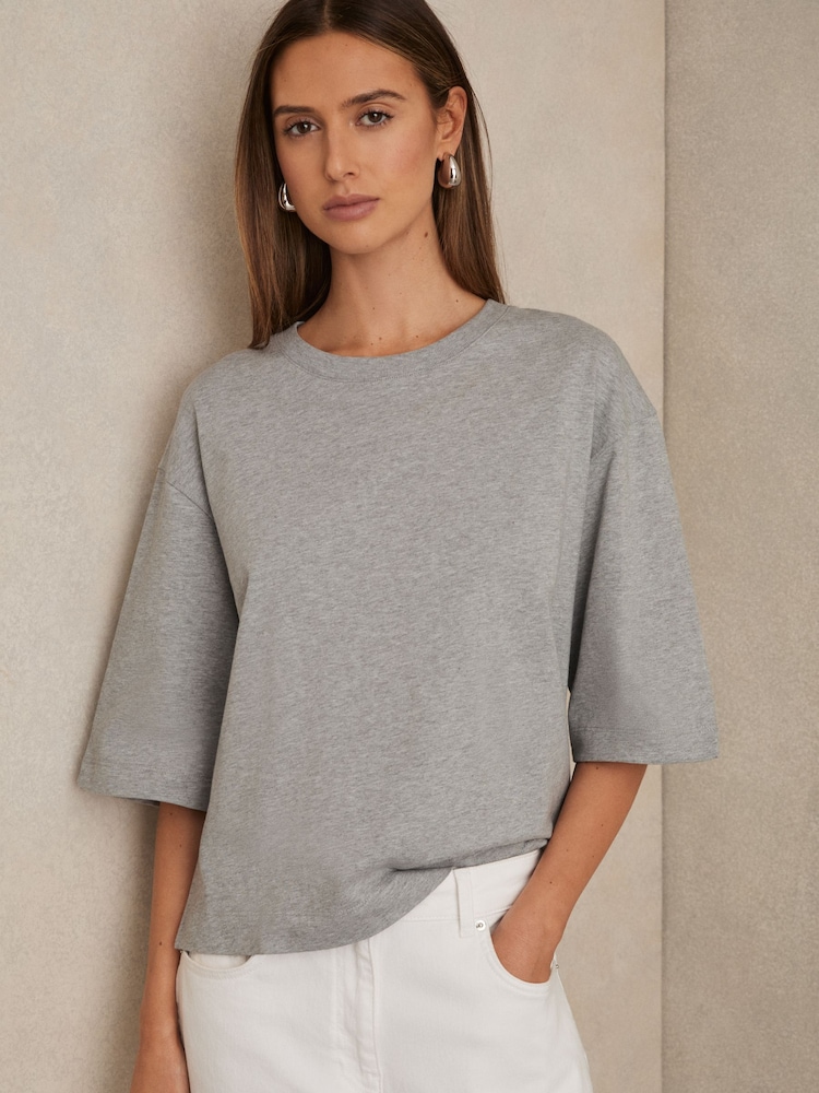 Reiss Grey Marl Cassie Oversized Cotton Crew Neck T-Shirt - Image 1 of 6