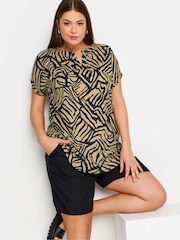 Yours Curve Brown Abstract Print Textured Notch Neck Top - Image 1 of 5