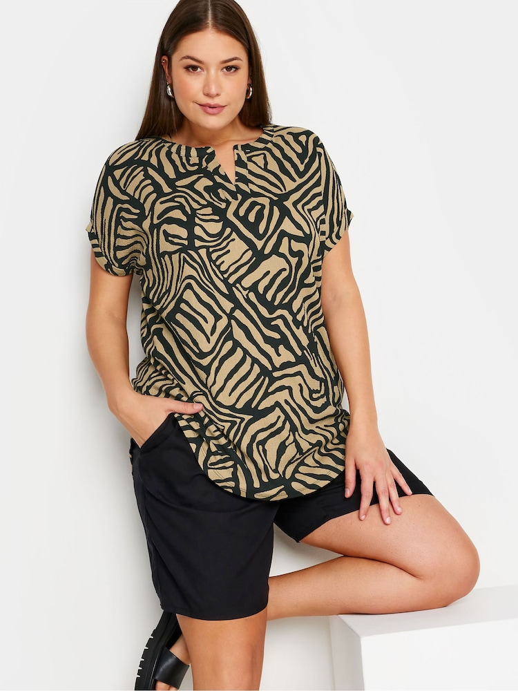 Yours Curve Brown Abstract Print Textured Notch Neck Top - Image 1 of 5
