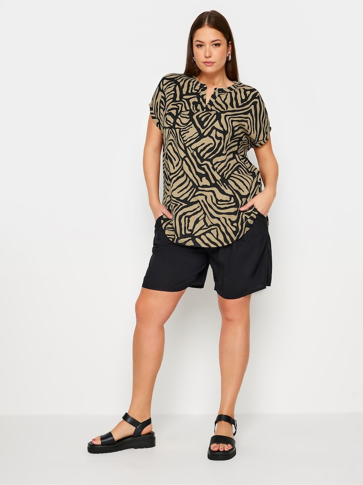 Yours Curve Brown Abstract Print Textured Notch Neck Top - Image 2 of 5
