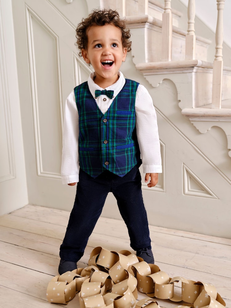 JoJo Maman Bébé Navy Tartan Waistcoat Shirt and Trousers Set - Image 1 of 12 JoJo Maman Bébé Navy Tartan Waistcoat Shirt and Trousers Set - Image 1 of 12