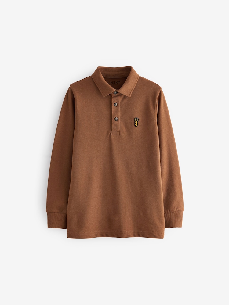 Tan Brown Long Sleeve Polo Shirt (3-16yrs) - Image 1 of 3