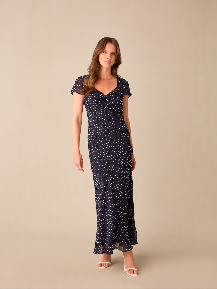 Ro&Zo Blue Petite Spot Print Sweetheart Neckline Midi Dress - Image 1 of 6