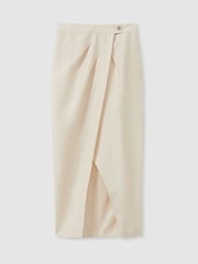 Reiss Beige Caro Wrap Front Midi Skirt with Linen - Image 2 of 6