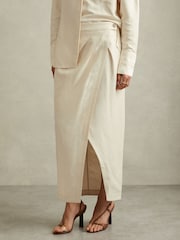 Reiss Beige Caro Wrap Front Midi Skirt with Linen - Image 3 of 6