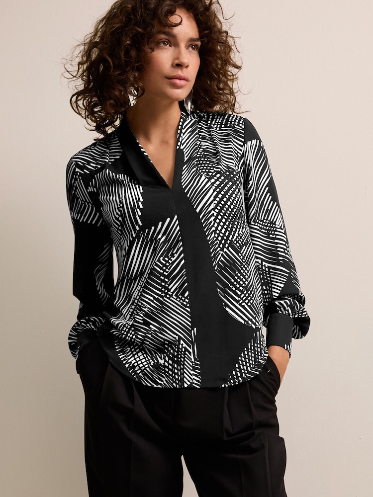 Mono Print Long Sleeve V-Neck Blouse - Image 1 of 6