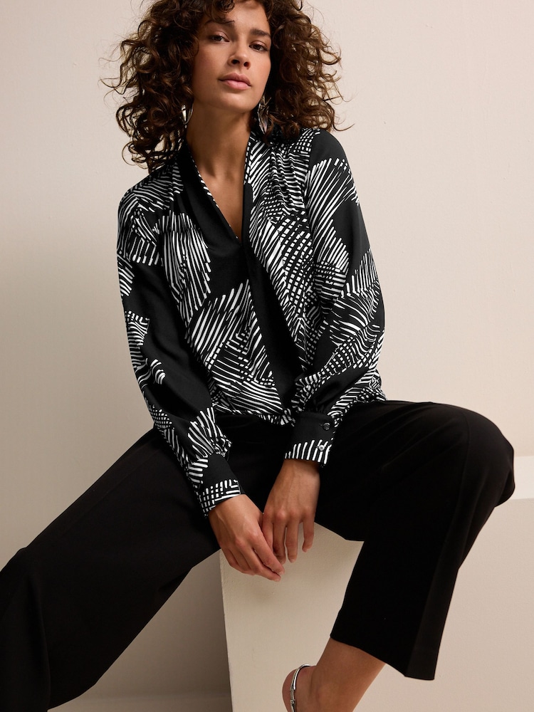 Mono Print Long Sleeve V-Neck Blouse - Image 2 of 6
