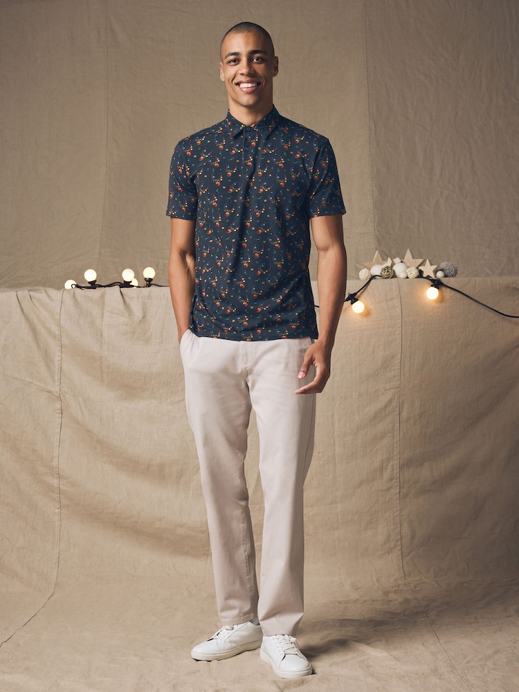 Navy Reindeer Christmas Print Polo Shirt - Image 2 of 8