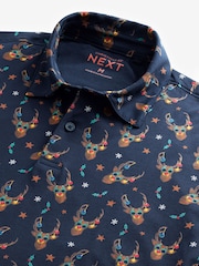 Navy Reindeer Christmas Print Polo Shirt - Image 4 of 8
