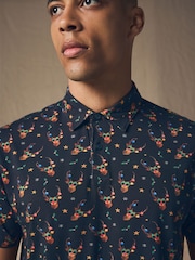 Navy Reindeer Christmas Print Polo Shirt - Image 6 of 8