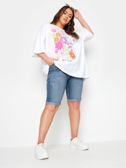 Yours Curve Blue Cat Scratch Denim Shorts - Image 3 of 6