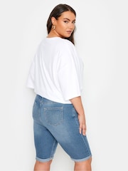 Yours Curve Blue Cat Scratch Denim Shorts - Image 4 of 6