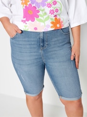 Yours Curve Blue Cat Scratch Denim Shorts - Image 5 of 6