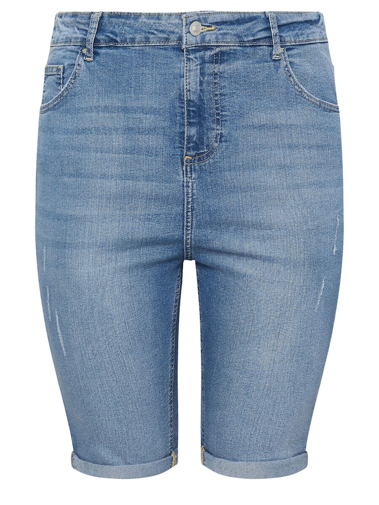 Yours Curve Blue Cat Scratch Denim Shorts - Image 6 of 6