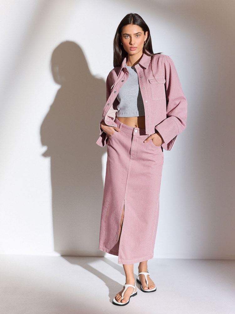 Pink Stripe 100% Cotton Denim Midi Skirt - Image 1 of 6