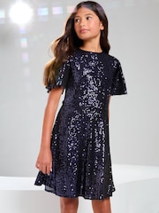 Lipsy Blue Flutter Sleeve Sequin Party Dress (5-16yrs) - Image 1 of 4