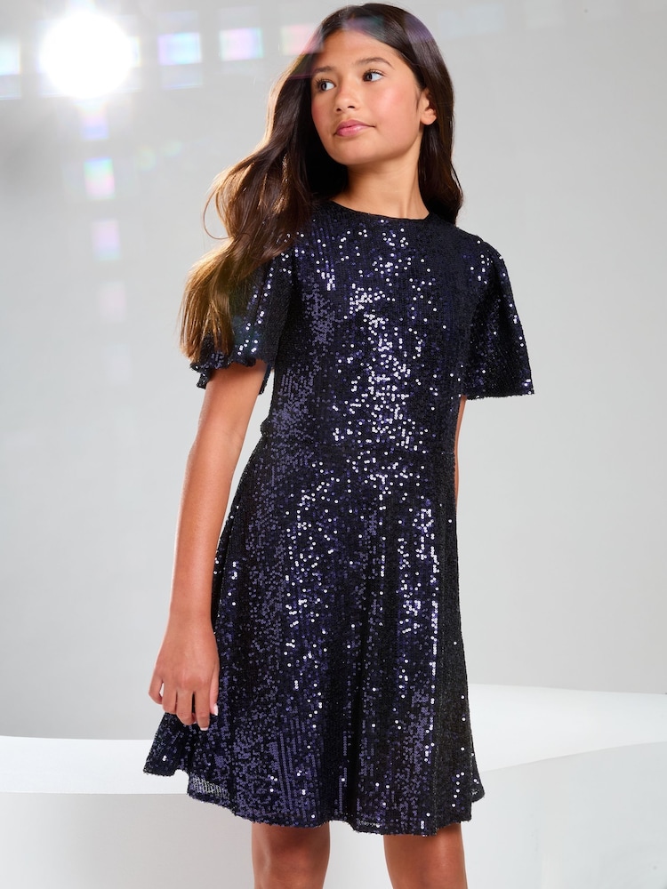 Lipsy Blue Flutter Sleeve Sequin Party Dress (5-16yrs) - Image 1 of 4
