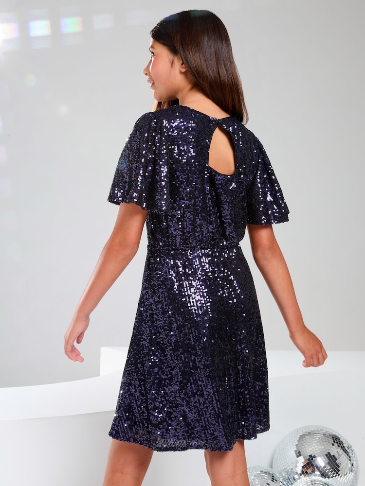 Lipsy Blue Flutter Sleeve Sequin Party Dress (5-16yrs) - Image 2 of 4