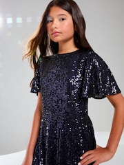 Lipsy Blue Flutter Sleeve Sequin Party Dress (5-16yrs) - Image 4 of 4