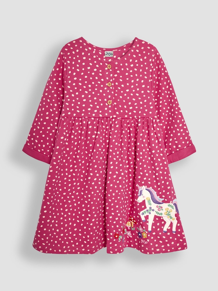 JoJo Maman Bébé Fuchsia Pink Unicorn Appliqué Button Front Dress - Image 1 of 3