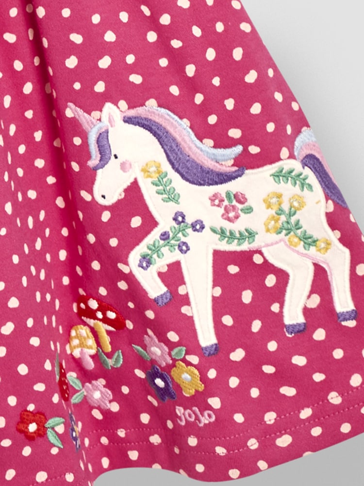 JoJo Maman Bébé Fuchsia Pink Unicorn Appliqué Button Front Dress - Image 3 of 3