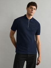 Fred Perry Blue Honeycomb Taped Quarter Zip 100% Cotton Polo Shirt - Image 1 of 5