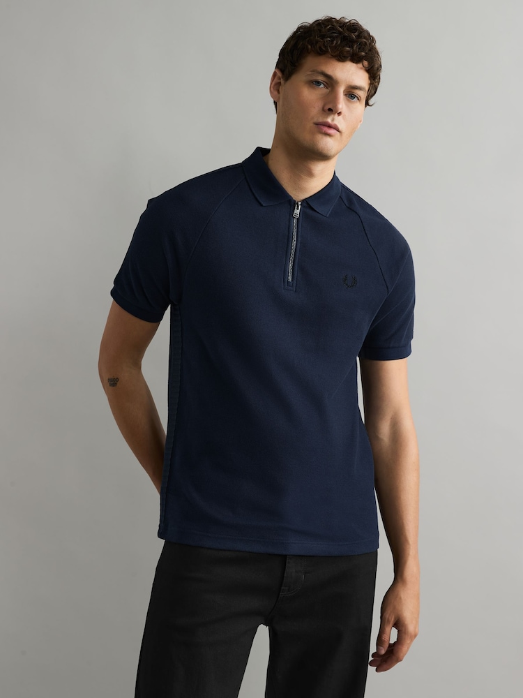 Fred Perry Blue Honeycomb Taped Quarter Zip 100% Cotton Polo Shirt - Image 1 of 5