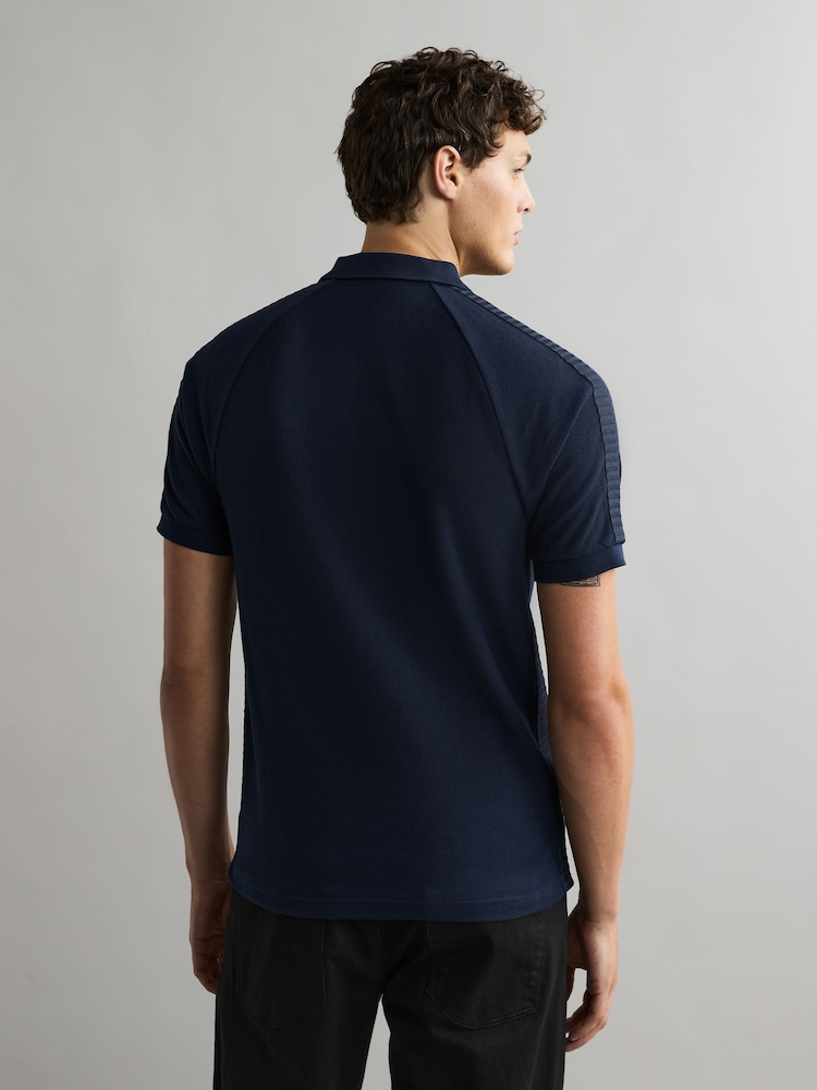 Fred Perry Blue Honeycomb Taped Quarter Zip 100% Cotton Polo Shirt - Image 2 of 5
