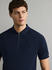 Fred Perry Blue Honeycomb Taped Quarter Zip 100% Cotton Polo Shirt - Image 4 of 5