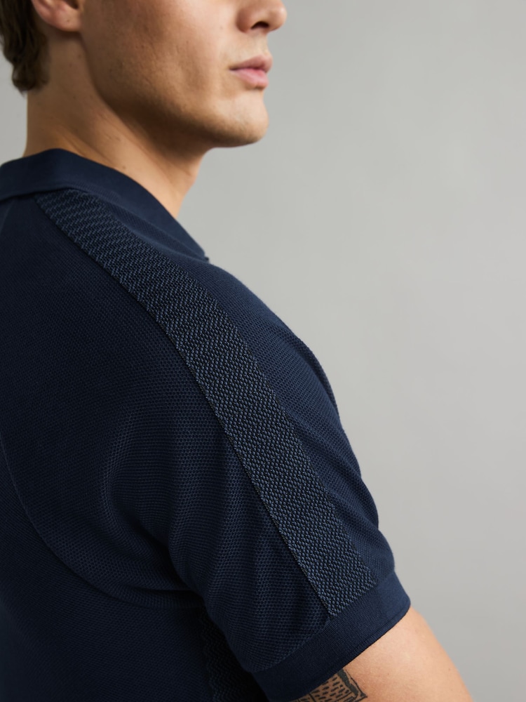 Fred Perry Blue Honeycomb Taped Quarter Zip 100% Cotton Polo Shirt - Image 5 of 5