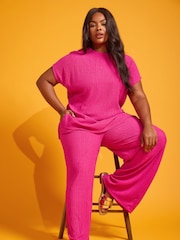 Yours Curve Pink Crinkle Plisse Trousers - Image 1 of 6