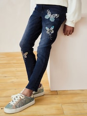 Blue Denim Butterfly Sequin Skinny Jeans (3-16yrs) - Image 1 of 8