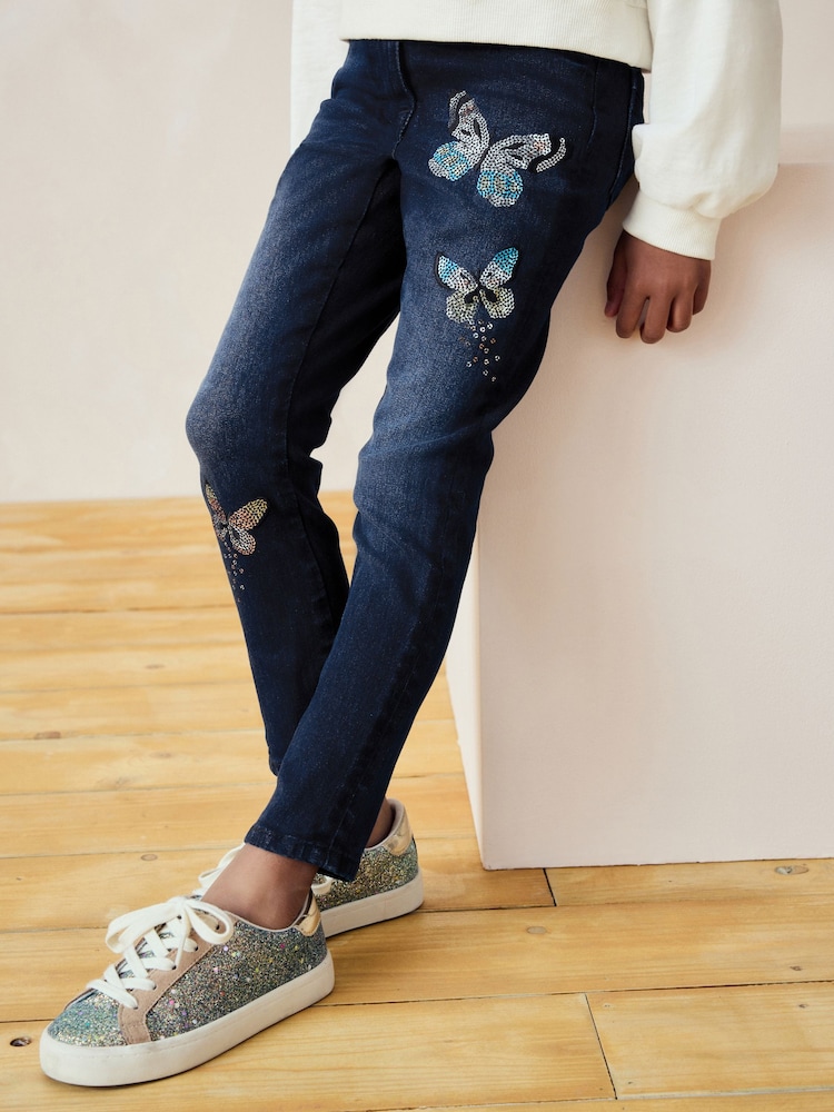 Blue Denim Butterfly Sequin Skinny Jeans (3-16yrs) - Image 1 of 8