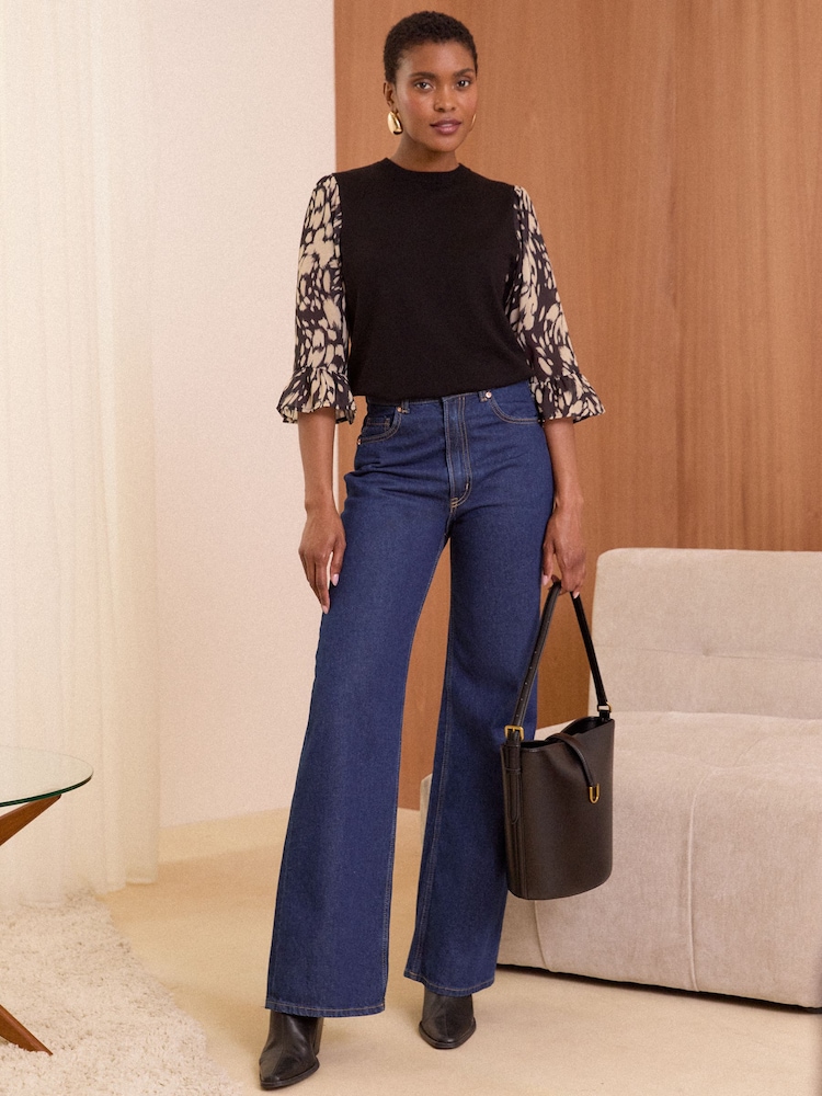 Love & Roses Black Fine Gauge Woven Mix Flute Sleeve Jumper - Image 2 of 4 Love & Roses Black Fine Gauge Woven Mix Flute Sleeve Jumper - Image 2 of 4