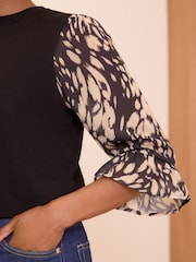 Love & Roses Black Fine Gauge Woven Mix Flute Sleeve Jumper - Image 3 of 4